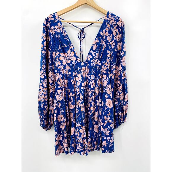 Free people blue floral long sleeve swing dress - Picture 2 of 4